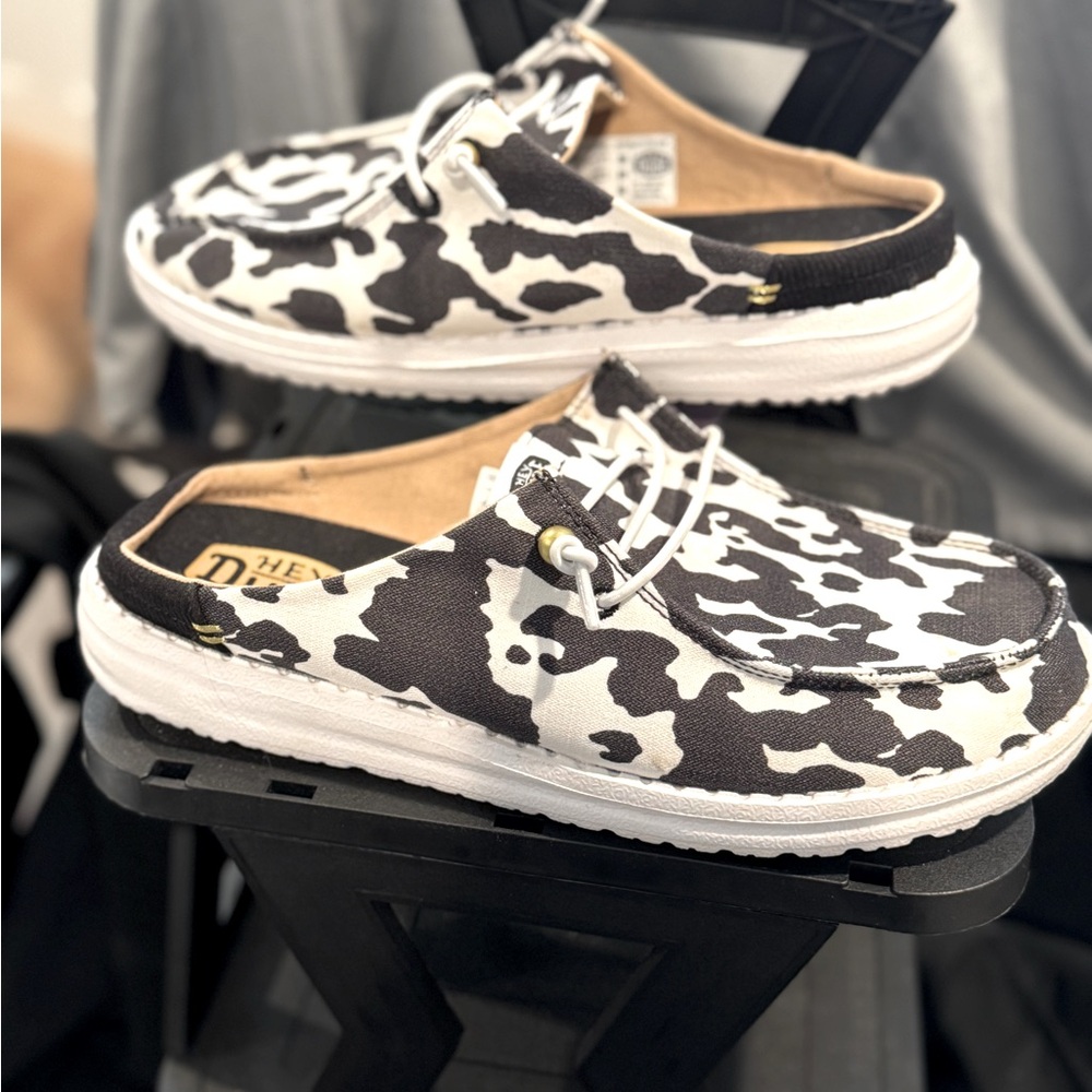 Hey Dude Wendy Slip Classic Size 9 Cow Print.  Worn twice in great condition